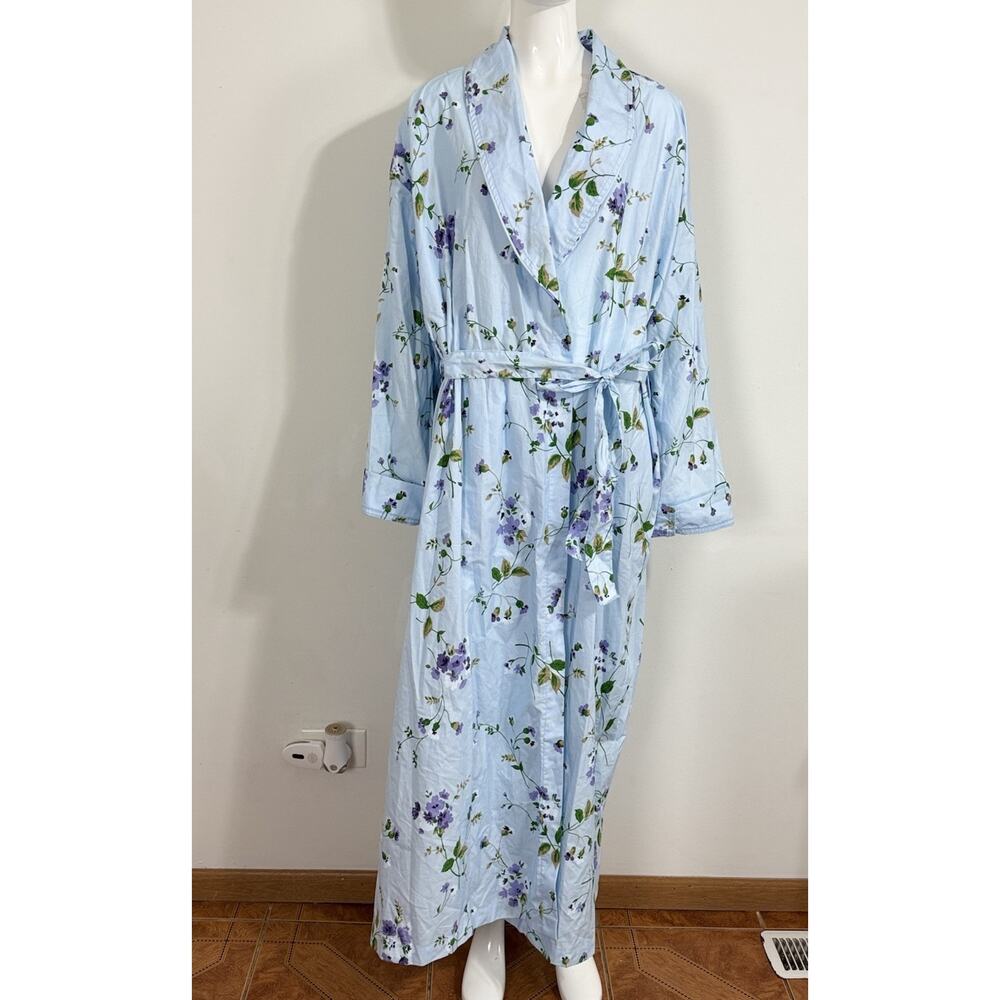 Vermont Country Store Portuguese Cotton Robe 3XL Blue Wildflower Wrap Belted